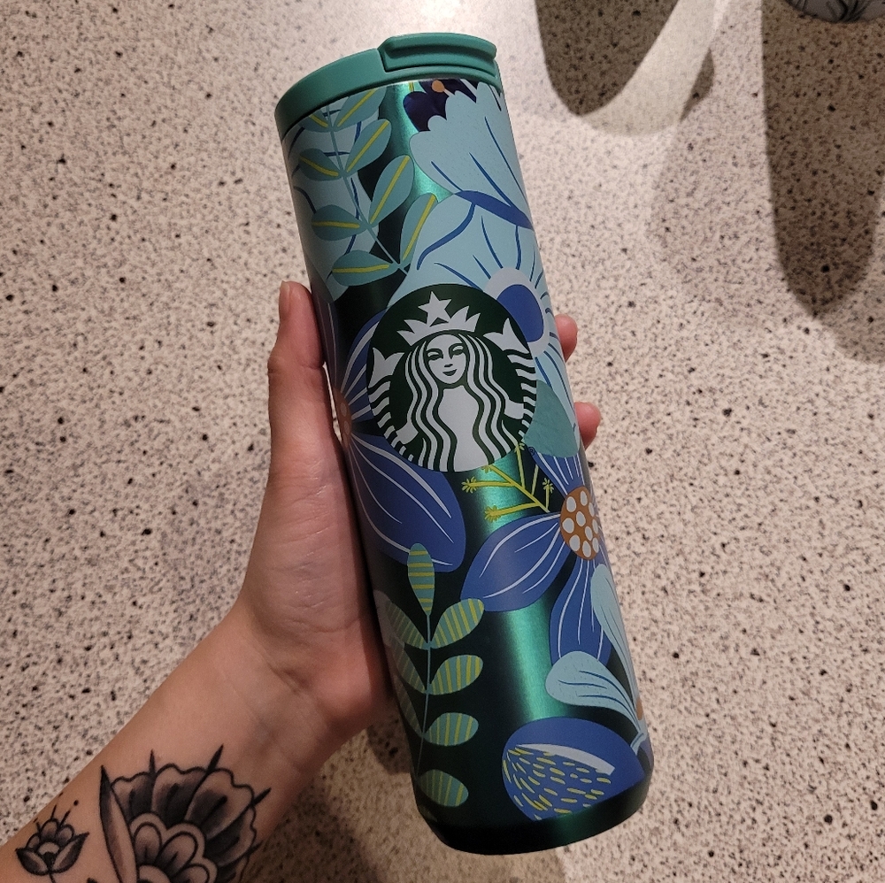 SOLD! NWOT Starbucks Blue Green Floral Tumbler